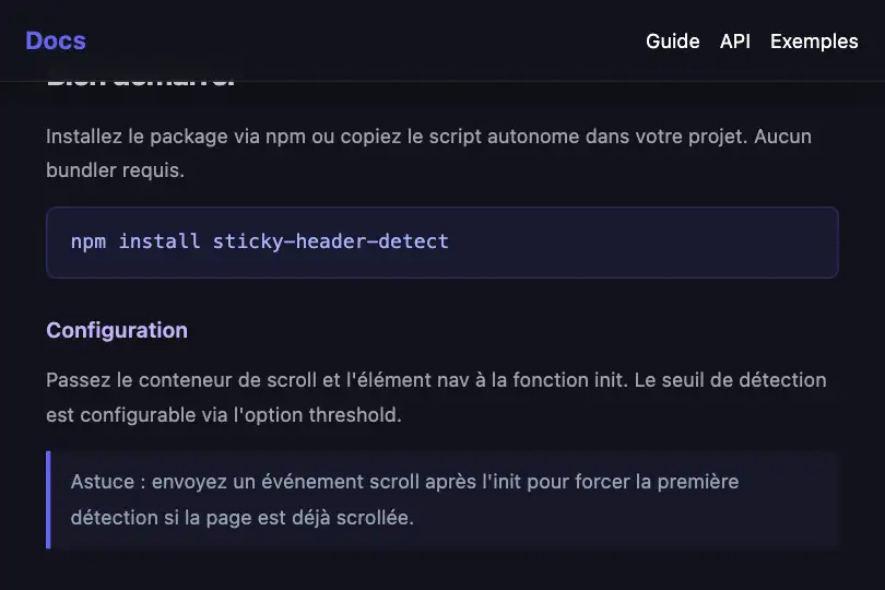 Site de documentation — Header qui prend de l'importance à la lecture — Sticky Header Detection exemple 2