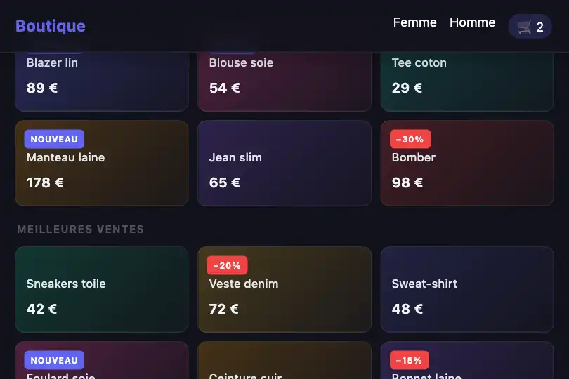 Boutique en ligne — Barre de navigation persistante au scroll catalogue — Sticky Header Detection exemple 3