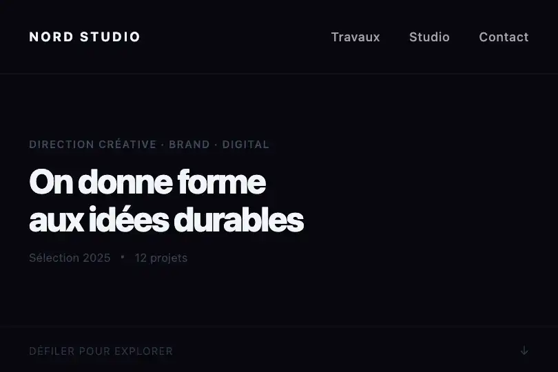 Portfolio ou agence créative — Navigation signature sur fond sombre — Custom Bezier Transition exemple 1