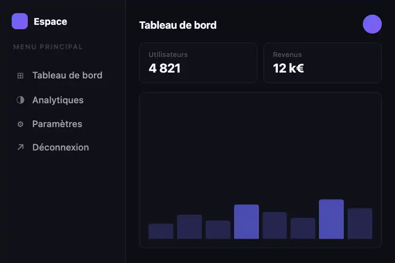 Sidebar de tableau de bord — révélation à l'ouverture du panneau — Stagger Menu Reveal exemple 1