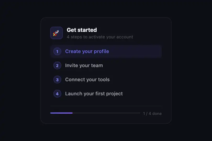 Onboarding step list — cascade on panel entry — Stagger Menu Reveal example 3