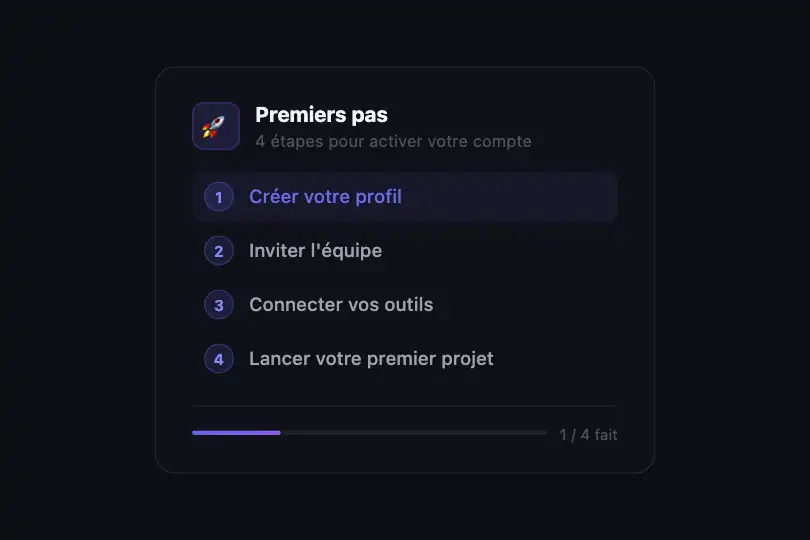 Panneau d'onboarding — liste d'étapes en cascade — Stagger Menu Reveal exemple 3