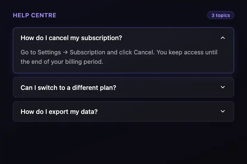 Help centre — FAQ in a narrow side panel — Accordion Single example 1