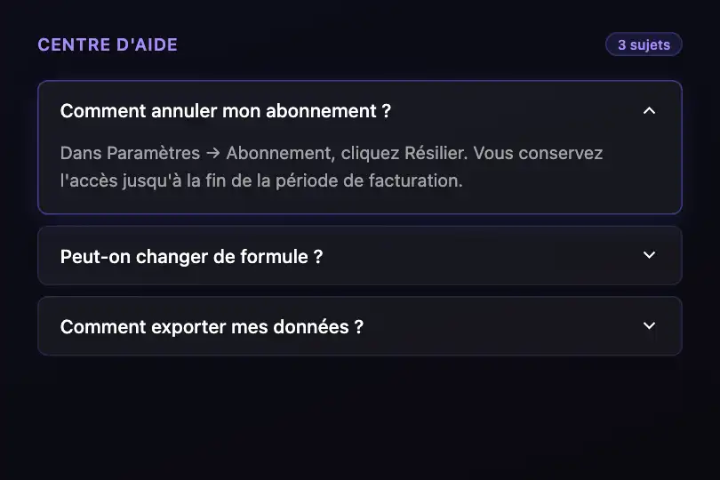 Centre d'aide — FAQ dans un panneau latéral étroit — Accordion Single exemple 1