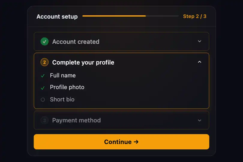 Onboarding tunnel — Step-by-step checklist — Accordion Single example 2
