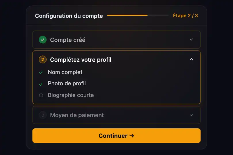 Tunnel d'onboarding — Checklist par étape — Accordion Single exemple 2