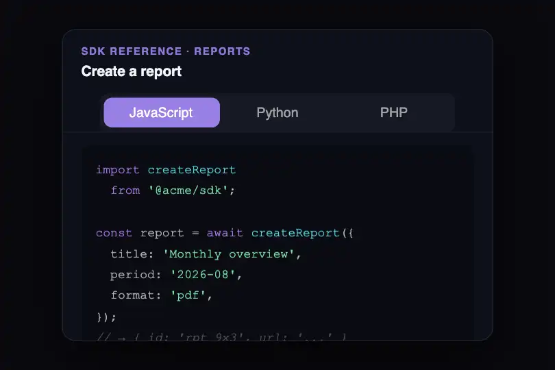 Technical documentation — Code examples by language — Tabs Animated example 2