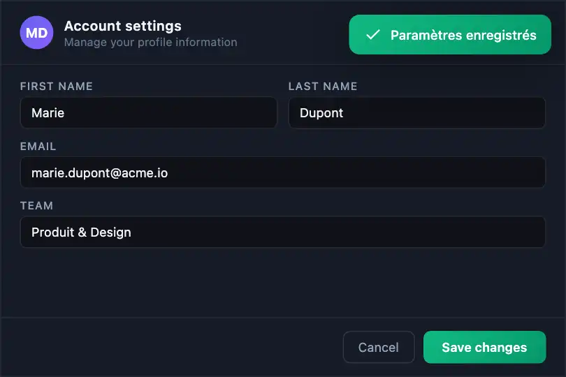 Settings form — Save confirmation — Toast Success example 1