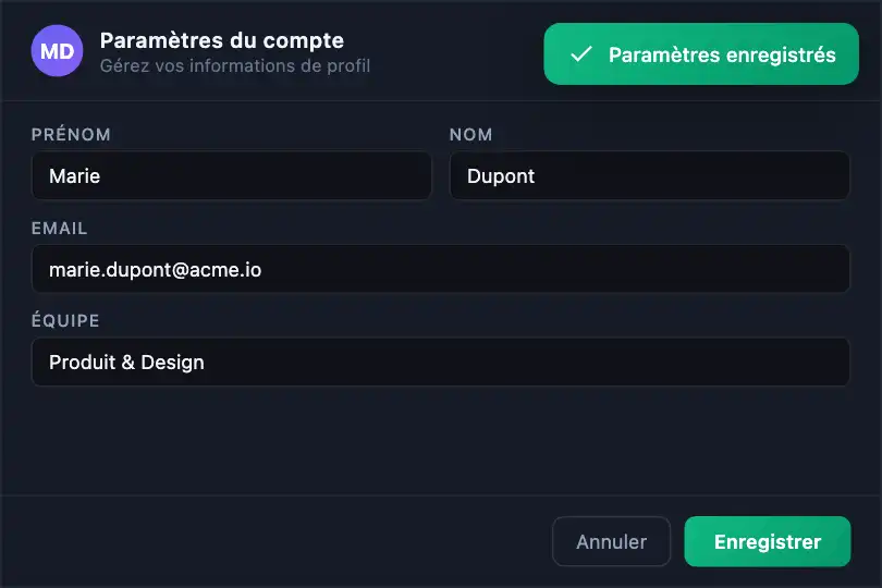 Formulaire de paramètres — Confirmation de sauvegarde — Toast Success exemple 1