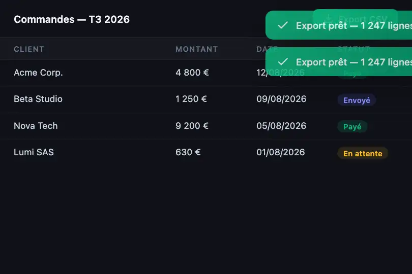 Export de rapport — Fichier CSV prêt — Toast Success exemple 2