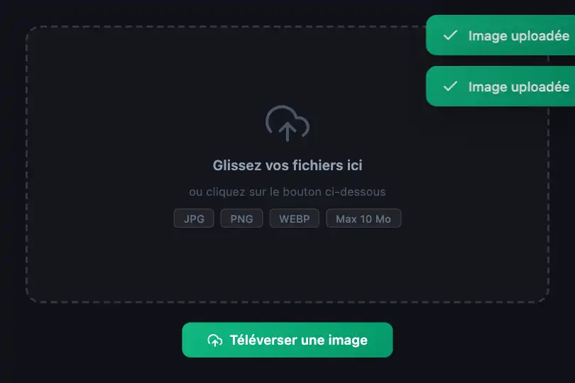 Dropzone d'upload — Image téléversée avec succès — Toast Success exemple 3