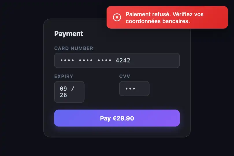 Payment form — Card declined — Toast Error example 2