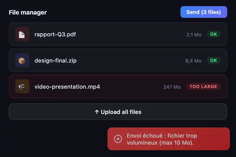 File manager — Upload failure — Toast Error example 3