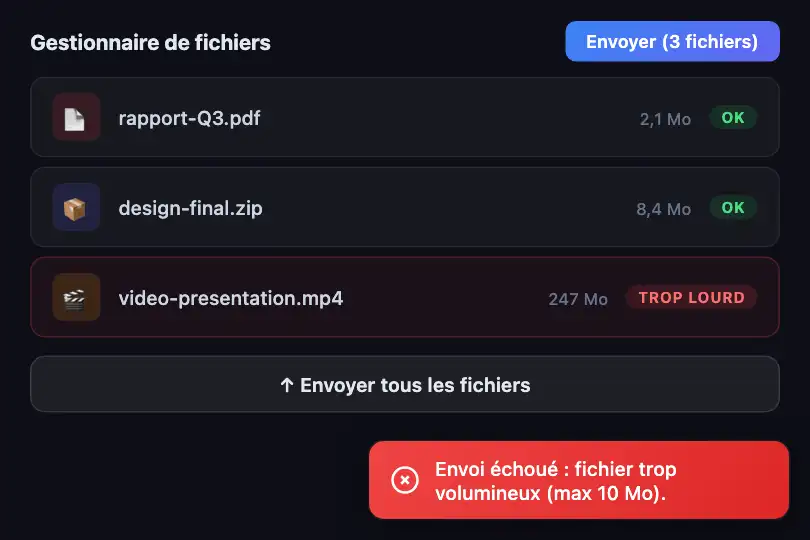 Gestionnaire de fichiers — Envoi échoué — Toast Error exemple 3