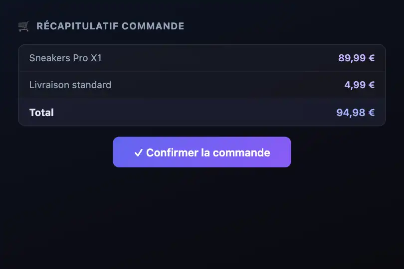 Tunnel de commande — Confirmation en trois étapes — Toast Stack exemple 3