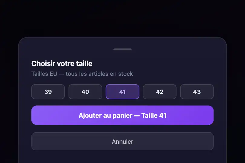 Fiche produit mobile — Sélecteur de taille — Modal Slide exemple 1