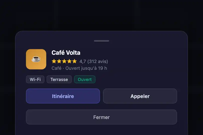 Application cartographique mobile — Fiche de lieu — Modal Slide exemple 3