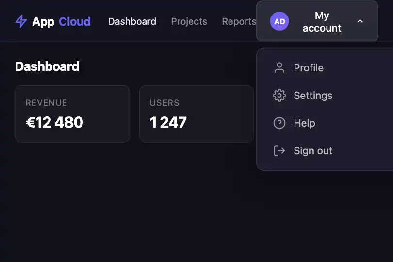 SaaS header — User account menu — Dropdown Animated example 1