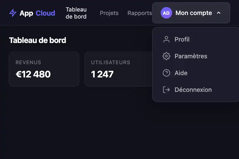 Entête SaaS — Menu de compte utilisateur — Dropdown Animated exemple 1