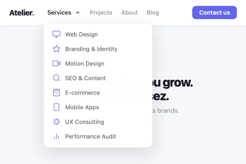 Agency / portfolio site — 8-item navigation menu in cascade — Dropdown Animated example 3