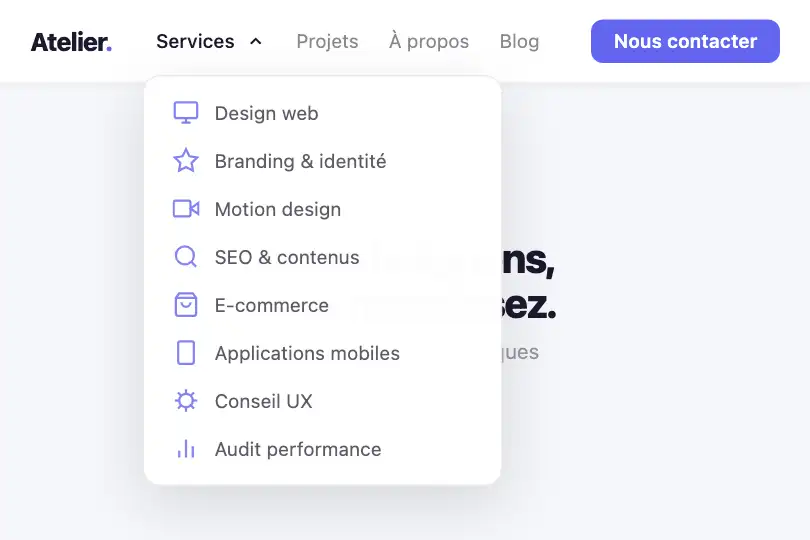Site agence / portfolio — Méga-menu avec 8 rubriques en cascade — Dropdown Animated exemple 3