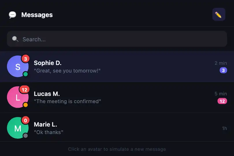 Messaging sidebar — Contacts and unread counts — Dynamic Badge Positioning example 1