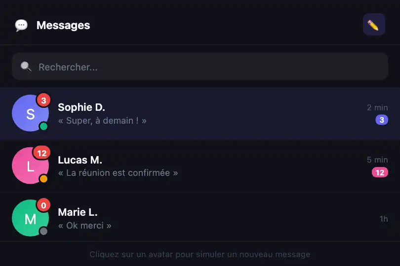 Sidebar de messagerie — Contacts et messages non lus — Dynamic Badge Positioning exemple 1
