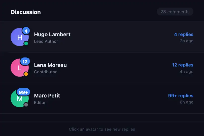 Comment thread — Authors and reply counters — Dynamic Badge Positioning example 3