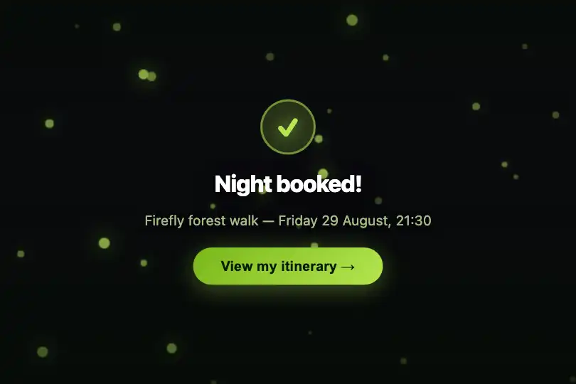 Conversion micro-interaction — Night nature booking confirmation — Fireflies example 3