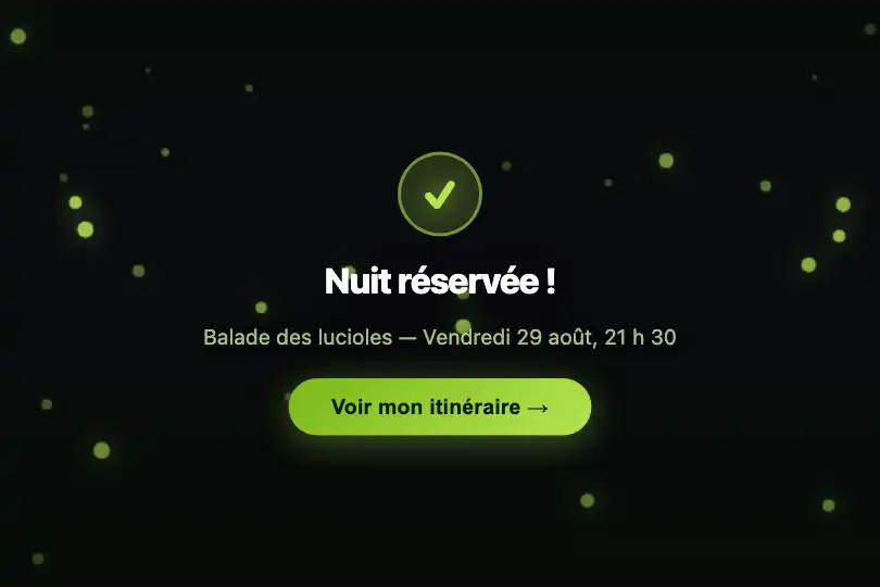 Micro-interaction de conversion — Confirmation nuit nature — Fireflies exemple 3