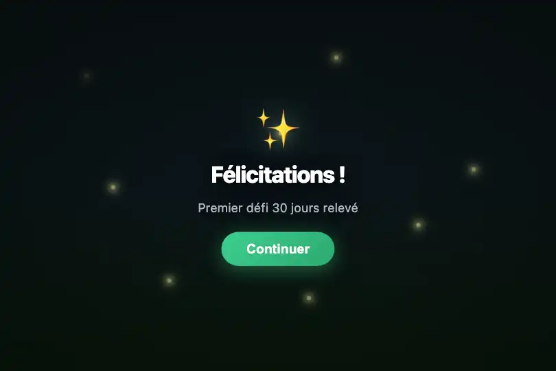 Micro-interaction de conversion — Écran de félicitations — Fireflies exemple 3
