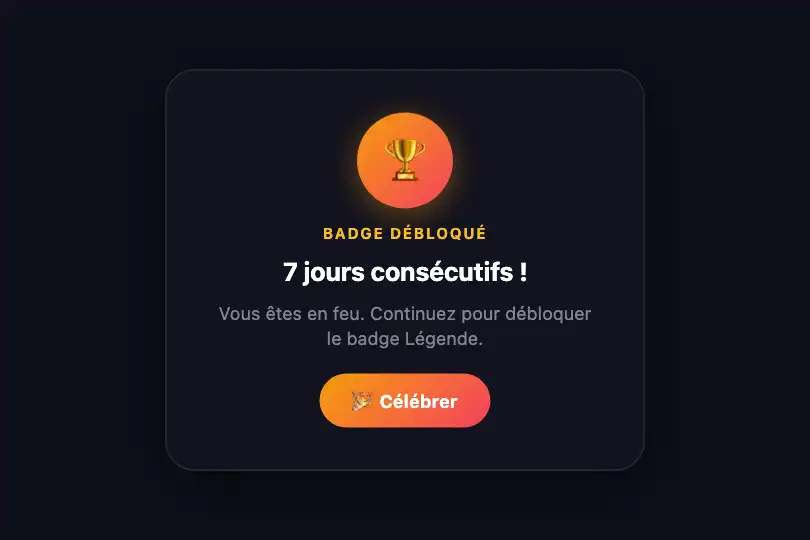 Composant produit — Badge d'accomplissement débloqué — Particle Explosion exemple 2