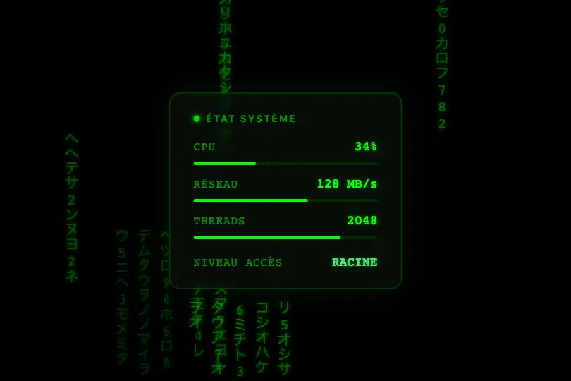 Composant produit — Widget terminal / monitoring système — Matrix Rain exemple 2
