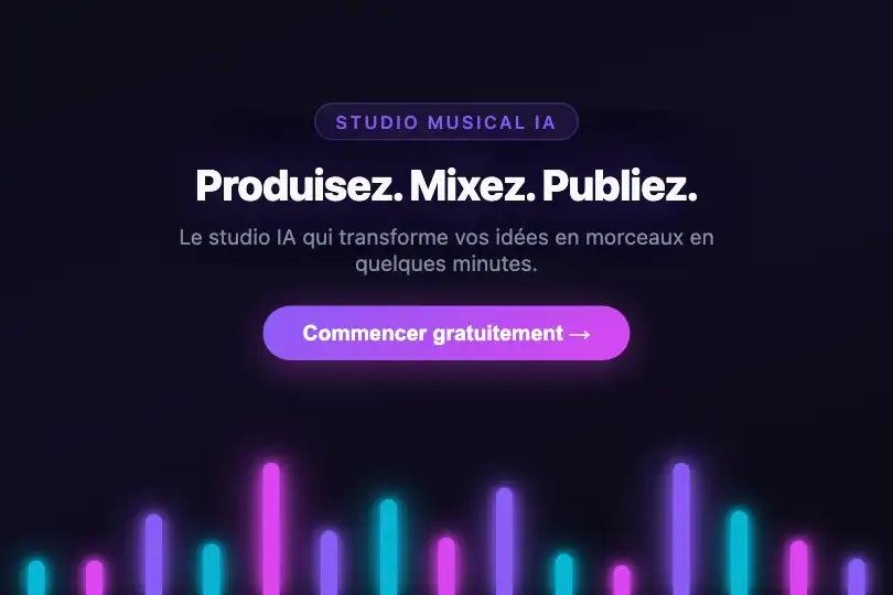 Hero / Landing — Scène d'accueil d'un outil audio ou gaming — Neon Glow Bars exemple 1