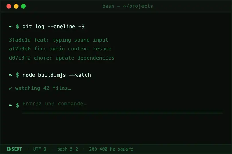 Full-screen retro terminal — every keystroke sounds — Typing Sound Input example 2
