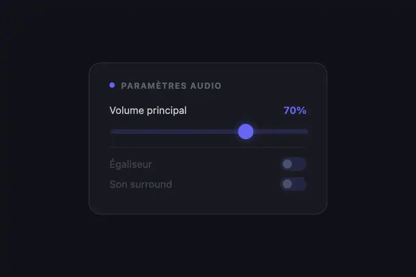 Composant produit — Contrôle de volume dans un panneau de réglages — Slider Tick Sound exemple 2