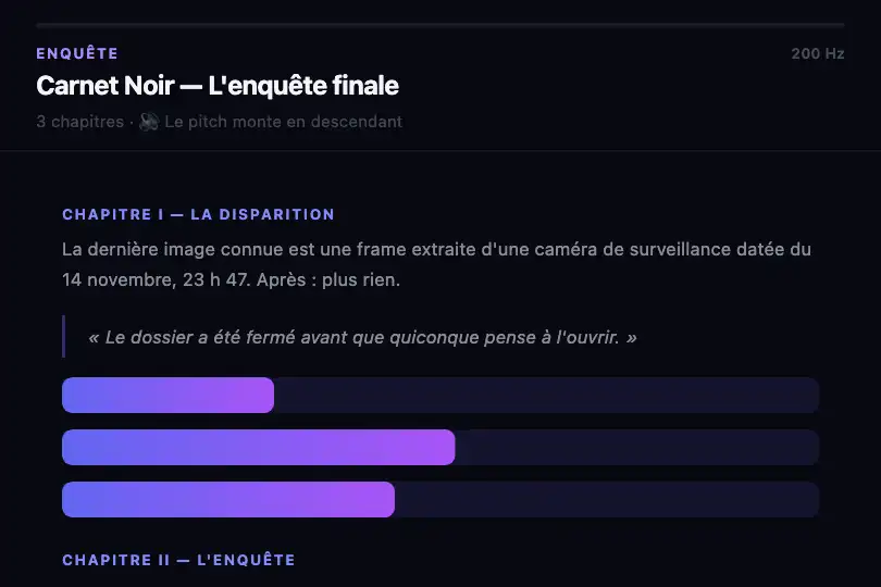Page longform — Le pitch monte avec la descente narrative — Scroll Ambient Sound exemple 2
