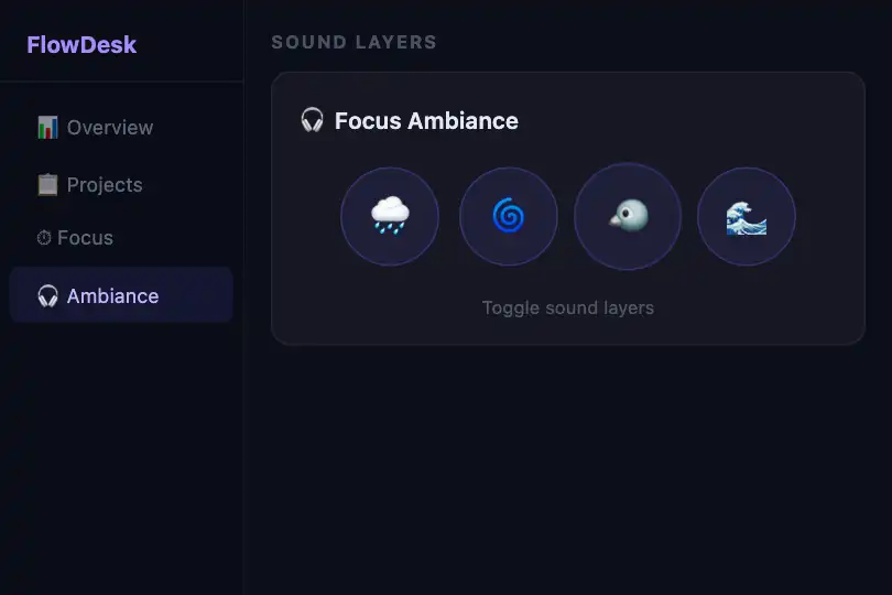 Product component — 'Focus Ambiance' widget in a SaaS dashboard — Ambient Soundscape example 2