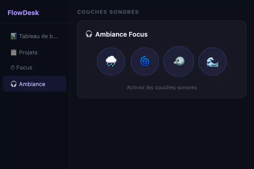 Composant produit — Widget « Ambiance Focus » dans un dashboard SaaS — Ambient Soundscape exemple 2