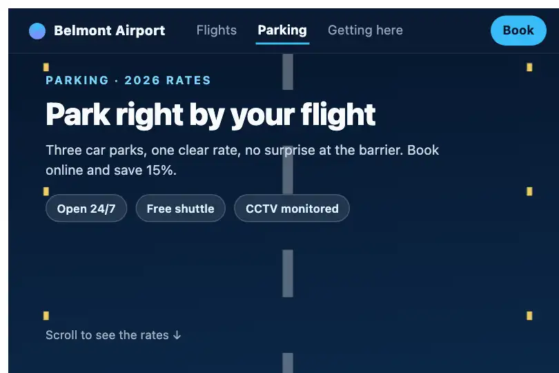 Airport parking rates — public page on a runway background — Parallax example 1