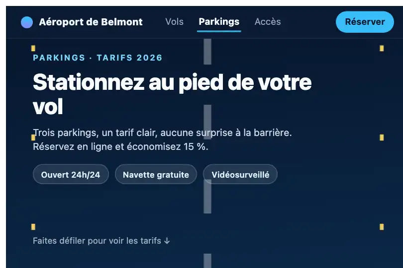 Tarifs de stationnement d'un aéroport — page publique sur fond de piste — Parallax exemple 1