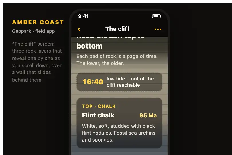 Strata of a cliff, top to bottom — a geopark's field app — Parallax example 2