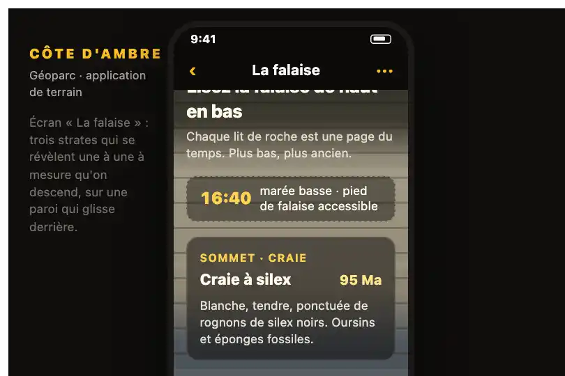 Strates d'une falaise, de haut en bas — application de terrain d'un géoparc — Parallax exemple 2