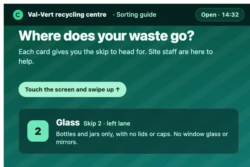 Sorting instructions — digital panel at the entrance of a recycling centre — Parallax example 3