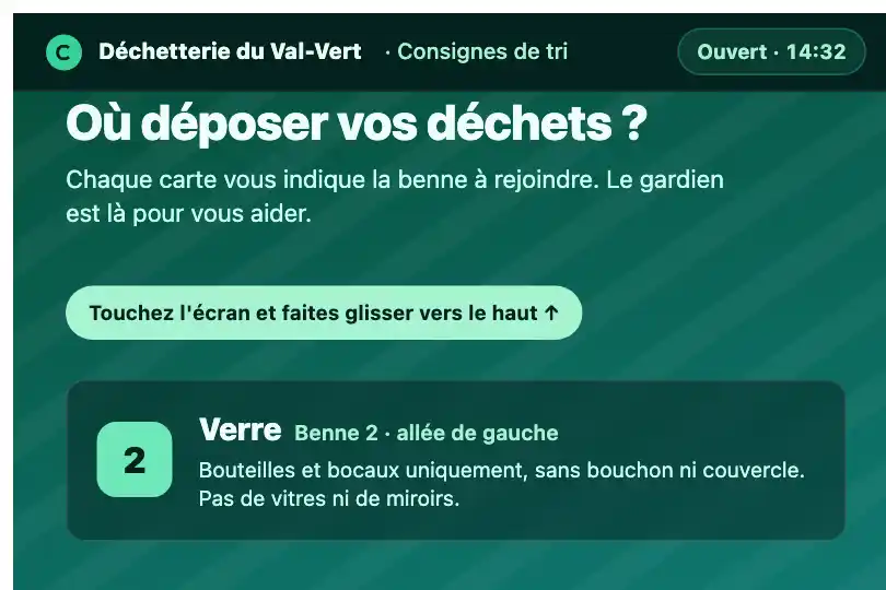Consignes de tri — panneau numérique à l'entrée d'une déchetterie — Parallax exemple 3