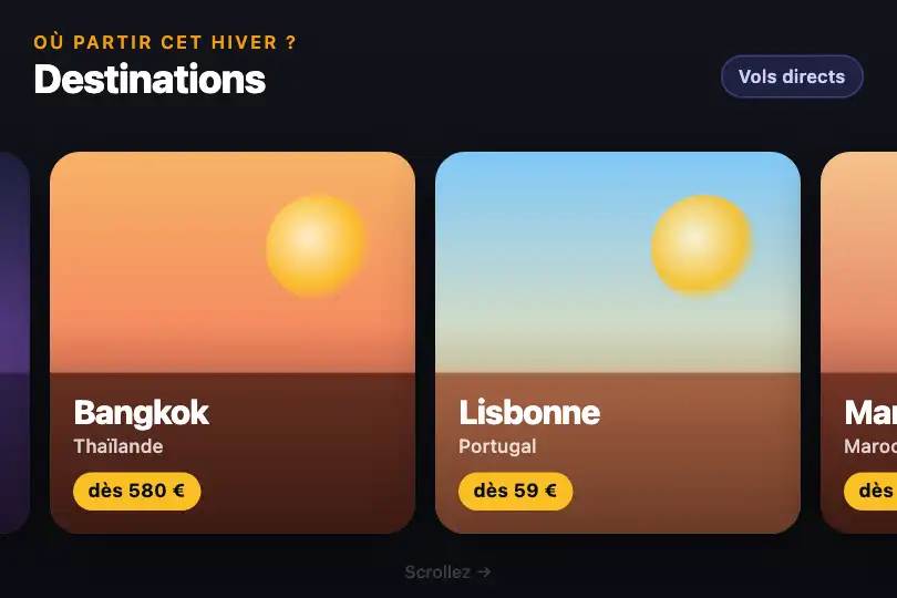 Nuancier de destinations — application mobile d'une agence de voyage — Horizontal Scroll exemple 1