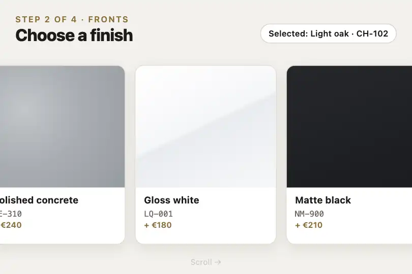 Finish picker — a touch kiosk in a kitchen showroom — Horizontal Scroll example 3