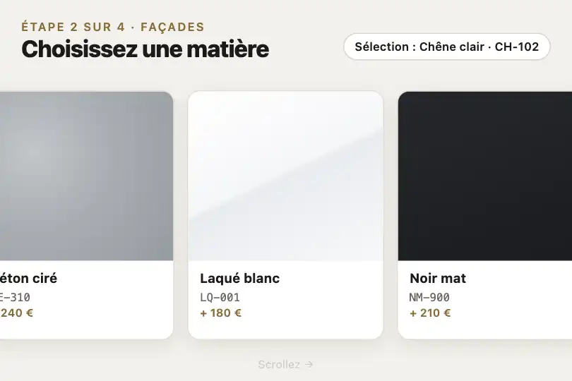 Sélecteur de matières — borne tactile d'un showroom de cuisines — Horizontal Scroll exemple 3