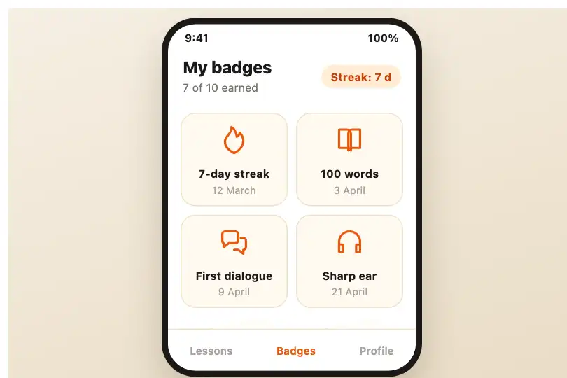 Badges earned by a student — language-learning app — Rotate In example 1