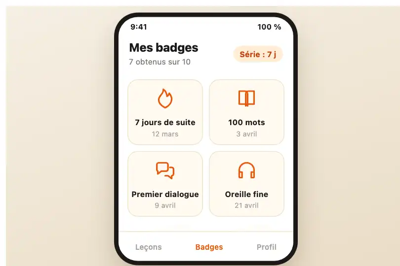 Badges obtenus par un élève — application d'apprentissage des langues — Rotate In exemple 1